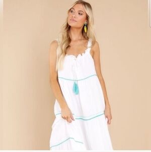 America & Beyond White and Teal Sleeveless Maxi Dress